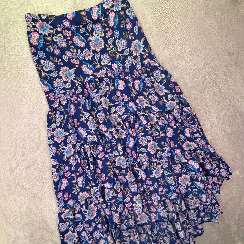 Blue Rain Womens Skirt Sz XS Blue‎ Floral High Low Tiered Ruffle Boho Francescas